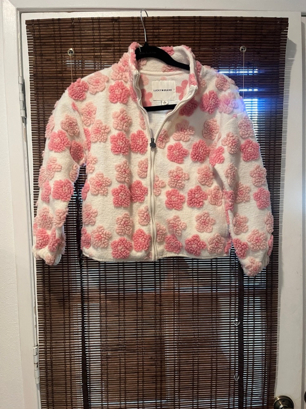 Lucky Brand Cream & Pink Plush Pom-Pom Jacket